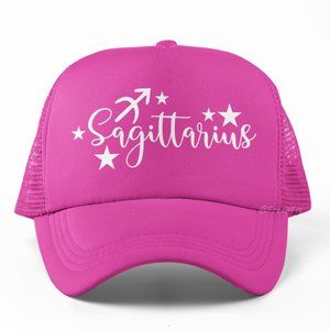 🆕SAGITTARIUS Script Stars Zodiac Pink Foam Trucker Hat Mesh Snapback Cap